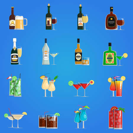 Cocktail icons flat set with alcohol drinks in bottles and glasses isolated vector illustrationのイラスト素材