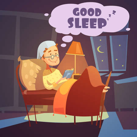 Color illustration depicting man in bed at night with book and nightcap with wish good sleep vector illustrationのイラスト素材