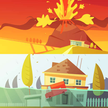 Color cartoon horizontal banners depicting natural disaster flood and volcano disaster vector illustrationのイラスト素材