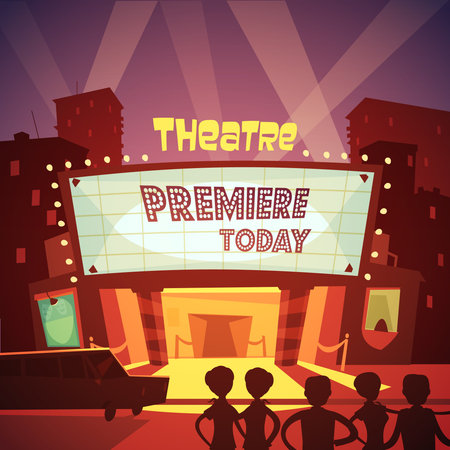 Color cartoon illustration depicting entrance in theatre building to premiere show vector illustrationのイラスト素材