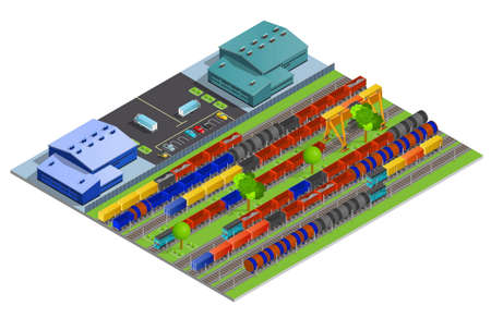 Railroad cargo transportation isometric design concept with warehouse constructions and railway tracks with cisterns containers refrigerators flat vector illustrationのイラスト素材