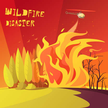 Color cartoon illustration wildfire disaster depicting burning forest vector illustrationのイラスト素材
