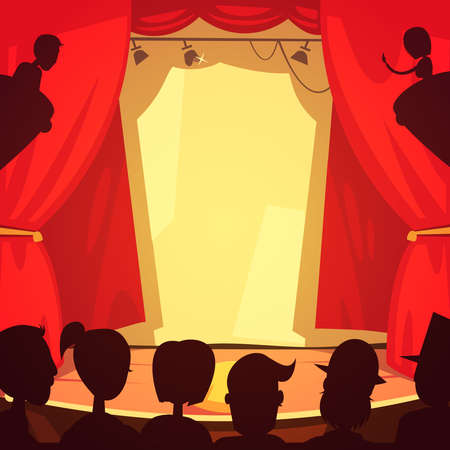 Color cartoon illustration depicting theatre scene and silhouettes people in front of stage vector illustrationのイラスト素材