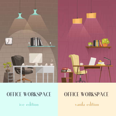 Lighting solutions for modern office workspace pleasant environment 2 vertical cartoon banners colorful background isolated vector illustrationのイラスト素材
