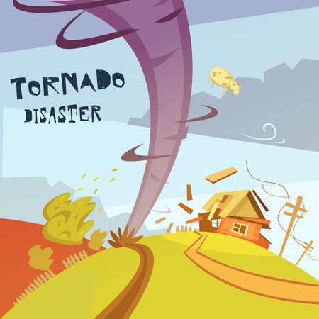 Color cartoon illustration tornado disaster depicting broken house vector illustrationのイラスト素材
