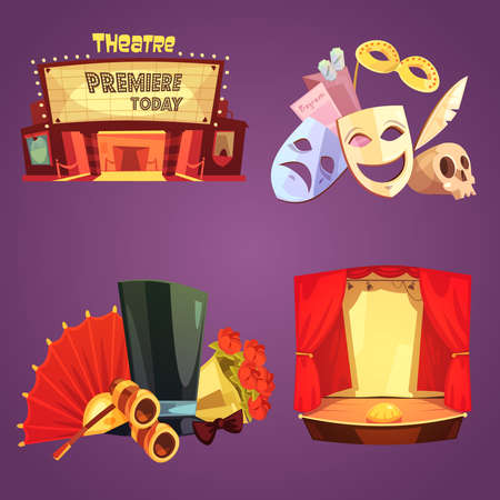 Theatre stage decorations and props retro cartoon 2x2 flat icons set isolated vector illustrationのイラスト素材
