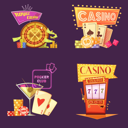 Royal casino retro cartoon 2x2 icons set with poker club slot machine chips and gain on purple background flat isolated vector illustrationのイラスト素材