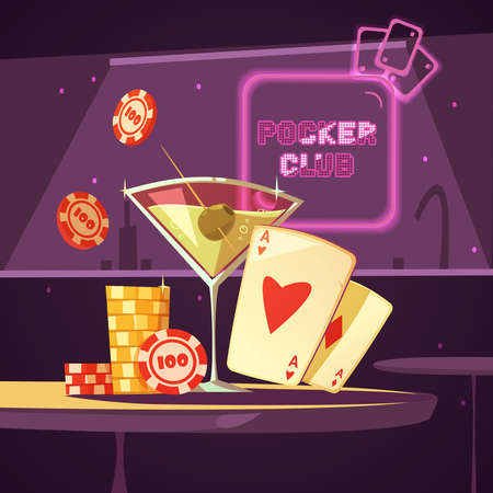 Sparkling casino poker club with cards cocktail and chips on table in bar retro cartoon flat vector illustrationのイラスト素材