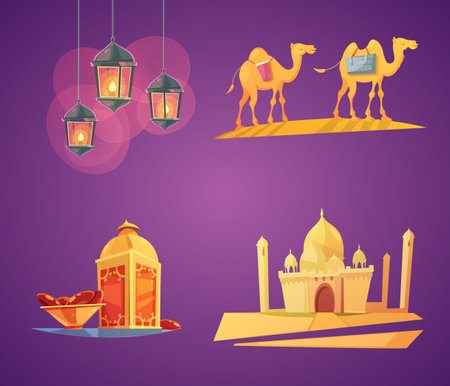 Color cartoon retro composition 2x2 with purple background depicting ramadan elements vector illustrationのイラスト素材