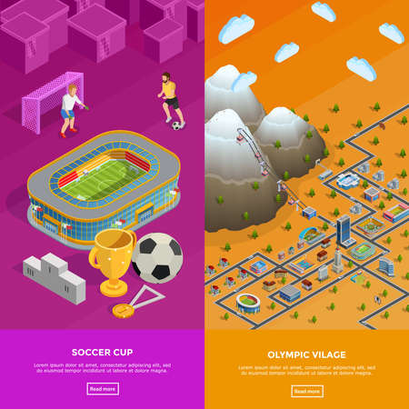 Olympic village park birds eye view and football cup soccer stadium 2 colorful isometric banners isolated vector illustrationのイラスト素材