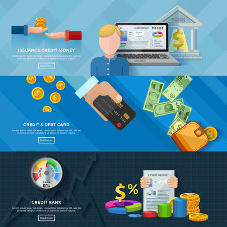 Credit rating horizontal banners with credit scores diagram credit report issuance credit money banking card decorative elements flat vector illustrationのイラスト素材