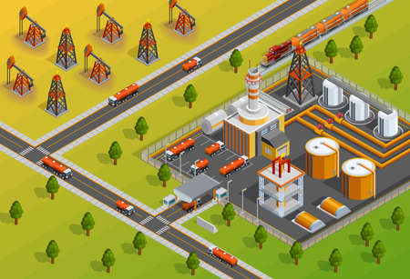 Petroleum industrial refinery plant facility for processing crude oil in gasoline and diesel fuel isometric poster vector illustrationのイラスト素材