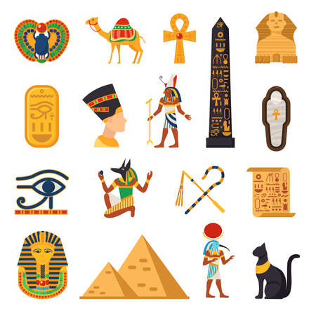 Egypt touristic icons set with pyramids and desert symbols flat isolated vector illustrationのイラスト素材