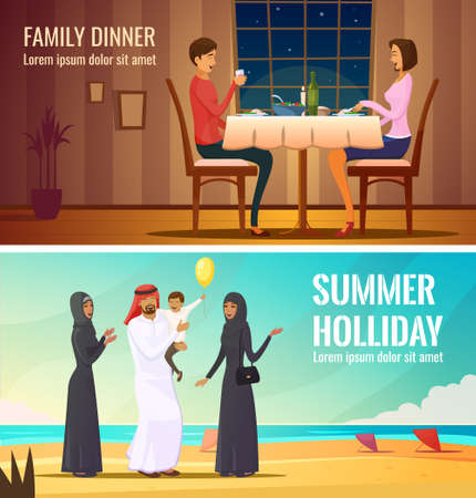 Eastern people design compositions with arab family in traditional costumes at south sea background and couple having dinner in restaurant flat vector illustrationのイラスト素材
