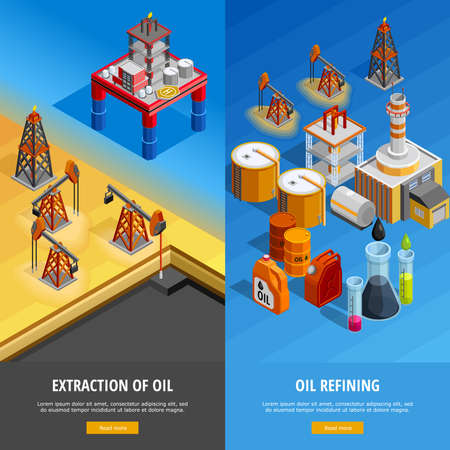 Gas oil industry production facilities 2 isometric vertical banners webpage design with offshore platform isolated vector illustrationのイラスト素材