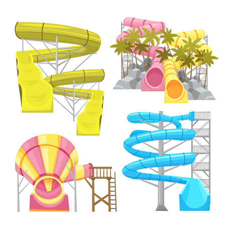 Images set of aquapark equipments colorful water slides and tubes flat isolated vector illustrationのイラスト素材