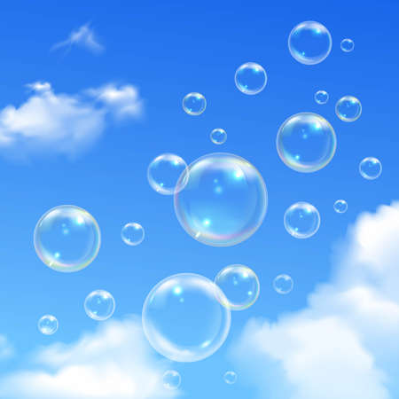 Soap bubbles soaring outdoor on sunny summer day realistic image poster with blue cloudy sky background vector illustrationのイラスト素材