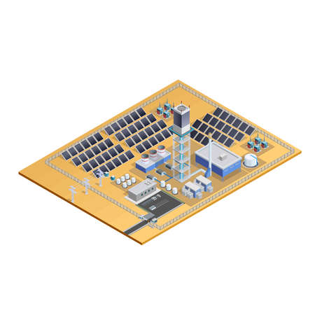 Model of solar station complex with mirror plates tower transformers control centre and parking isometric vector illustrationのイラスト素材