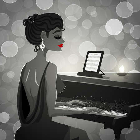 Black retro illustration depicting woman in evening dress at the piano vector illustrationのイラスト素材