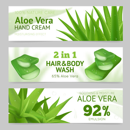 Horizontal sliced and whole aloe vera leaves banners presenting natural hand cream hair and body wash and emulsionのイラスト素材