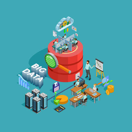 Big data access storage distribution information management and  analysis for efficient business planning isometric poster vector illustrationのイラスト素材