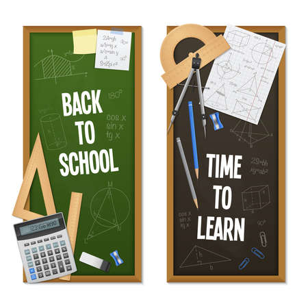 Mathematic science vertical banners look like chalkboards with title drawing solutions and calculation equipment and stationery vector illustrationのイラスト素材
