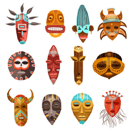Flat set of colorful african ethnic tribal ritual masks of different shape isolated on white background vector illustrationのイラスト素材