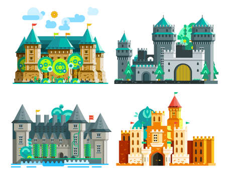 Colorful castles set of medieval era with towers and domes in flat style isolated vector illustrationのイラスト素材