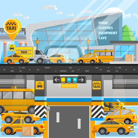 Taxi cars composition with vehicles on underground and land parking in flat style vector illustrationのイラスト素材