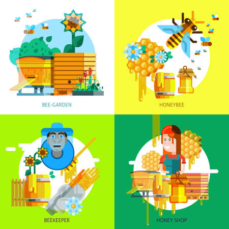 Colorful beekeeping concept of honey elements and icons in flat style isolated vector illustrationのイラスト素材