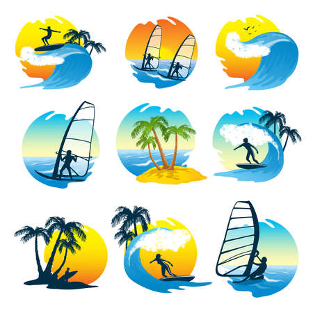 Surfing  icons set with sun  beach and people on the wave  isolated vector illustrationのイラスト素材