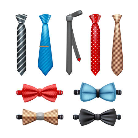 Tie and bow tie realistic set in different shapes and colors isolated vector illustrationのイラスト素材
