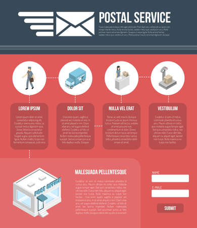 Postal service page template for web design with fields for personal data and submit button flat vector illustrationのイラスト素材