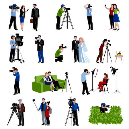 Photographer and videographer icons set with cameras light and selfie flat isolated vector illustrationのイラスト素材