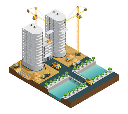 Construction process of many storeyed modern building near canal composition on white background isometric vector illustrationのイラスト素材