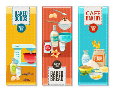 Colorful flat vertical banners set for cafe bakery with baking ingredients isolated vector illustrationのイラスト素材