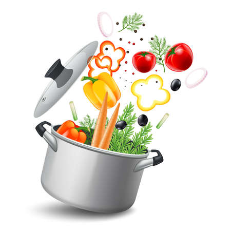 Casserole pot with vegetables such as carrots tomatoes and peppers realistic vector illustrationのイラスト素材