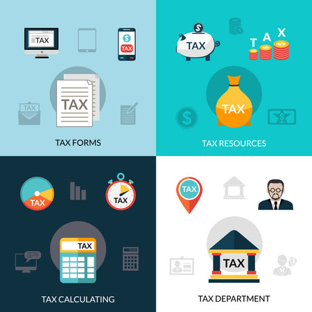 Tax design concept set with forms resources calculating flat icons isolated vector illustrationのイラスト素材