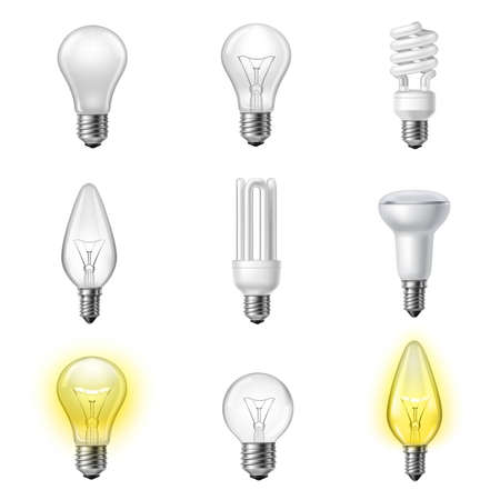 Low energy fluorescent halogen and commonly used different types light bulb realistic pictograms set collection vector illustrationのイラスト素材