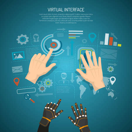 Virtual interface design concept with man hands and wired gloves transmitting tactile sensation flat vector illustrationのイラスト素材
