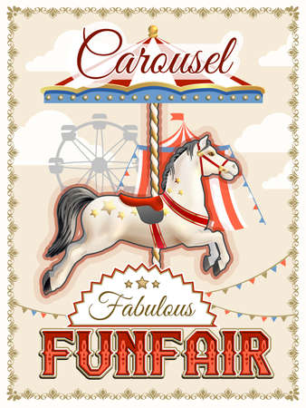 Retro funfair or amusement park poster with carousel horse vector illustrationのイラスト素材