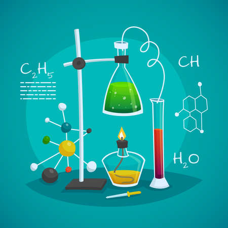 Chemical laboratory workspace design concept with burner flask  and glass tube vector illustrationのイラスト素材
