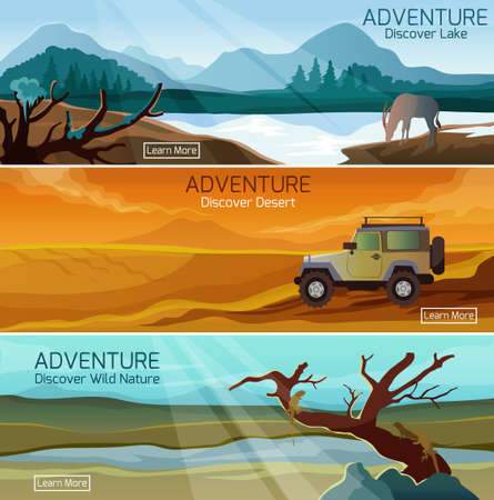 Discover nature wild life 3 flat banners set with lake and desert adventures abstract isolated vector illustrationのイラスト素材