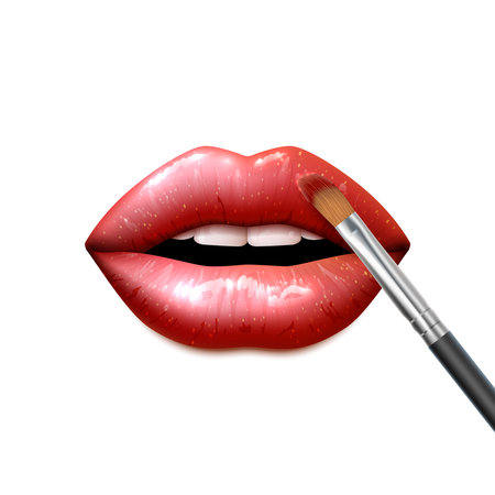 Lips make up with bright sparkling lipstick and a brush realistic vector illustrationのイラスト素材