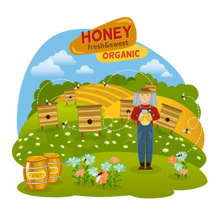 Sweet organic honey concept with hives bees and fields flat vector illustrationのイラスト素材