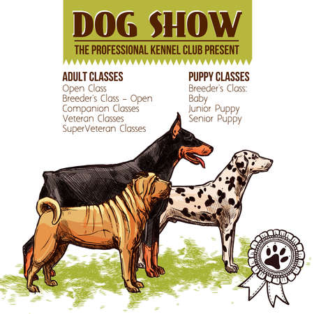 Dogs show with sketch doberman dalmatian and shar-pei profiles vector illustrationのイラスト素材