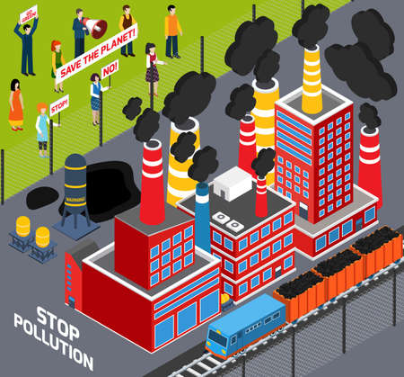 Isometric icons set  with  humans  protest action against Industrial pollution  vector illustrationのイラスト素材