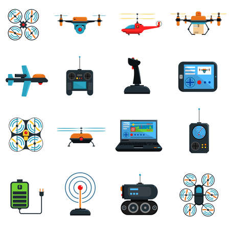 Drones icons set with laptop helicopter and plane flat isolated vector illustrationのイラスト素材