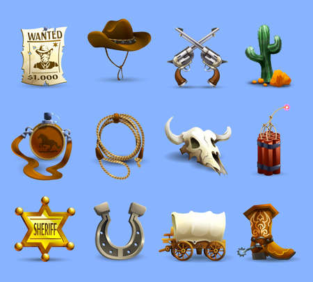 Wild west realistic icons set with cowboy hat dynamite and cactus on blue background isolated vector illustrationのイラスト素材