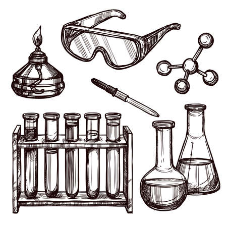 Chemistry laboratory tools and devices black and white sketch hand drawn decorative icon set isolated vector illustrationのイラスト素材